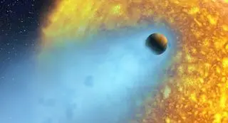 a rocky ball orbiting a fuzzy yellow ball of fire