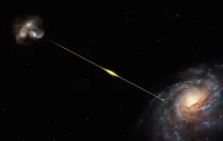 a bright line of light ejects out of a spiral of gas in space