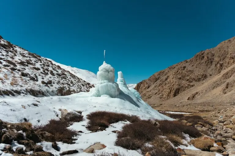 Automated ice reservoir (AIR) at Igoo village near Leh, in Ladakh. It is fitted with sensors, values and a control panel that run the system with minimal human intervention.