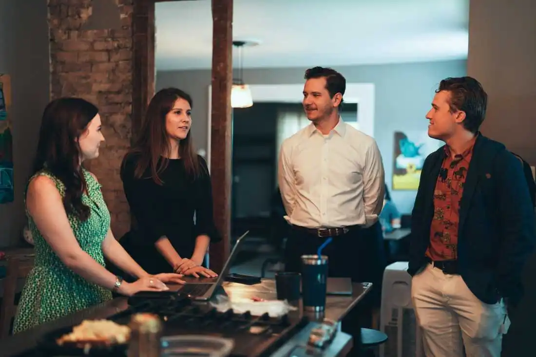 Left to right: Danielle Butcher Franz, Karly Matthews, Stephen Perkins and Benji Backer talking about plans for the second day of the Republican National Convention in Milwaukee, Wisconsin.