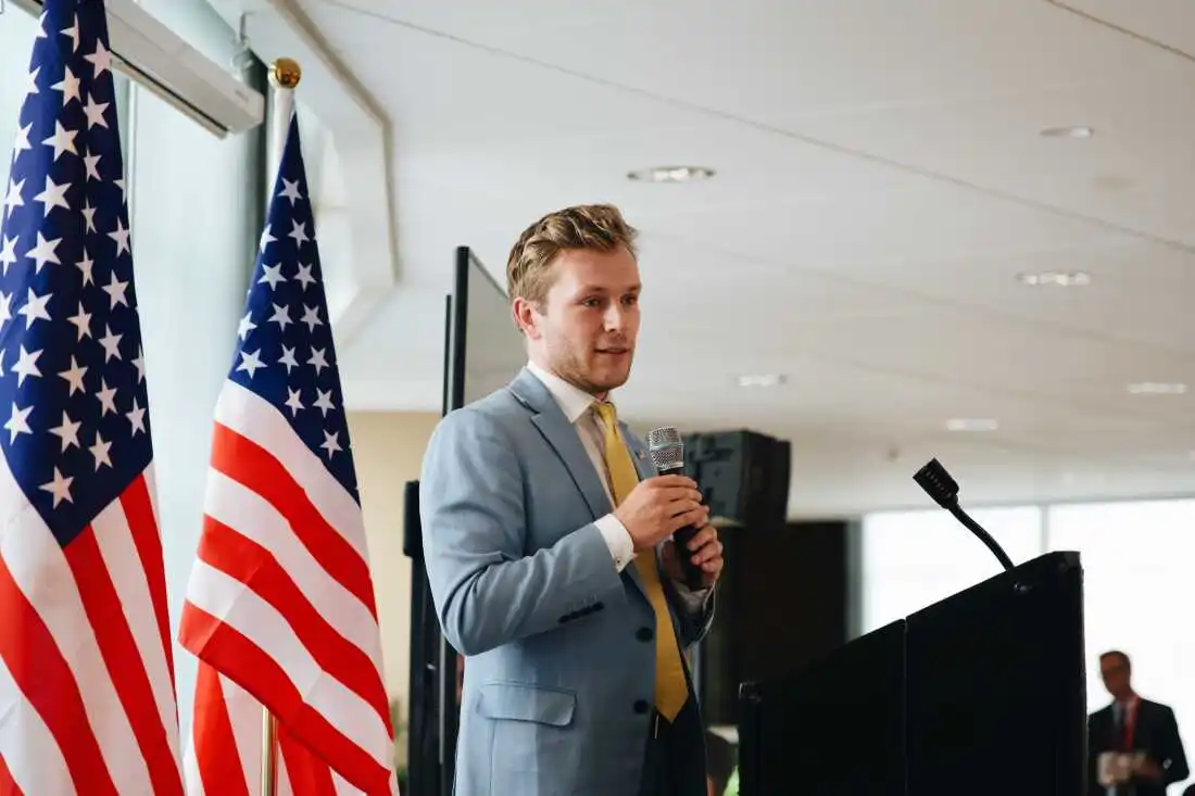 Chris Barnard speaks at the Conservative Climate Reception held at Mitchell Park Domes in Milwaukee, Wisconsin on the second day of the Republican National Convention. Grace Widyatmadja/NPR