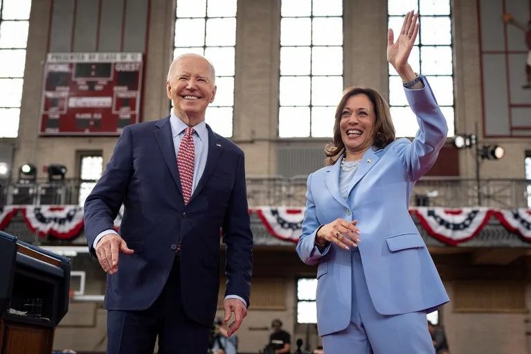 U.S. President Joe Biden and U.S. Vice President Kamala Harris wave to the audience at a campaign rally in Philadelphia, Pennsylvania, U.S.