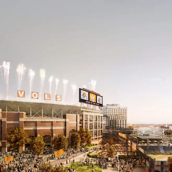 Artist rendering of Neyland Entertainment District, located alongside Neyland Stadium on the University of Tennessee campus.