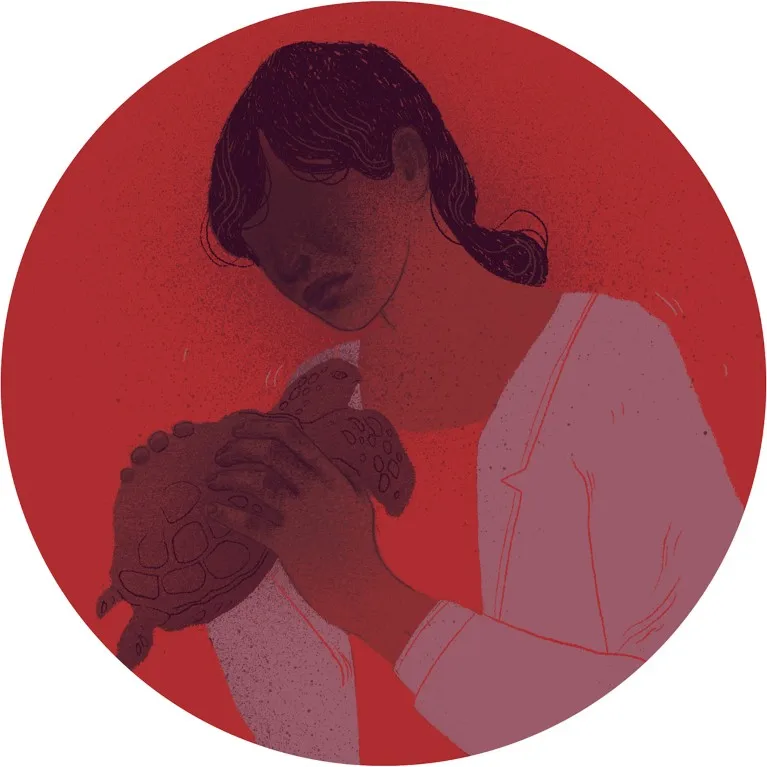 Conceptual illustration showing a woman holding a turtle.