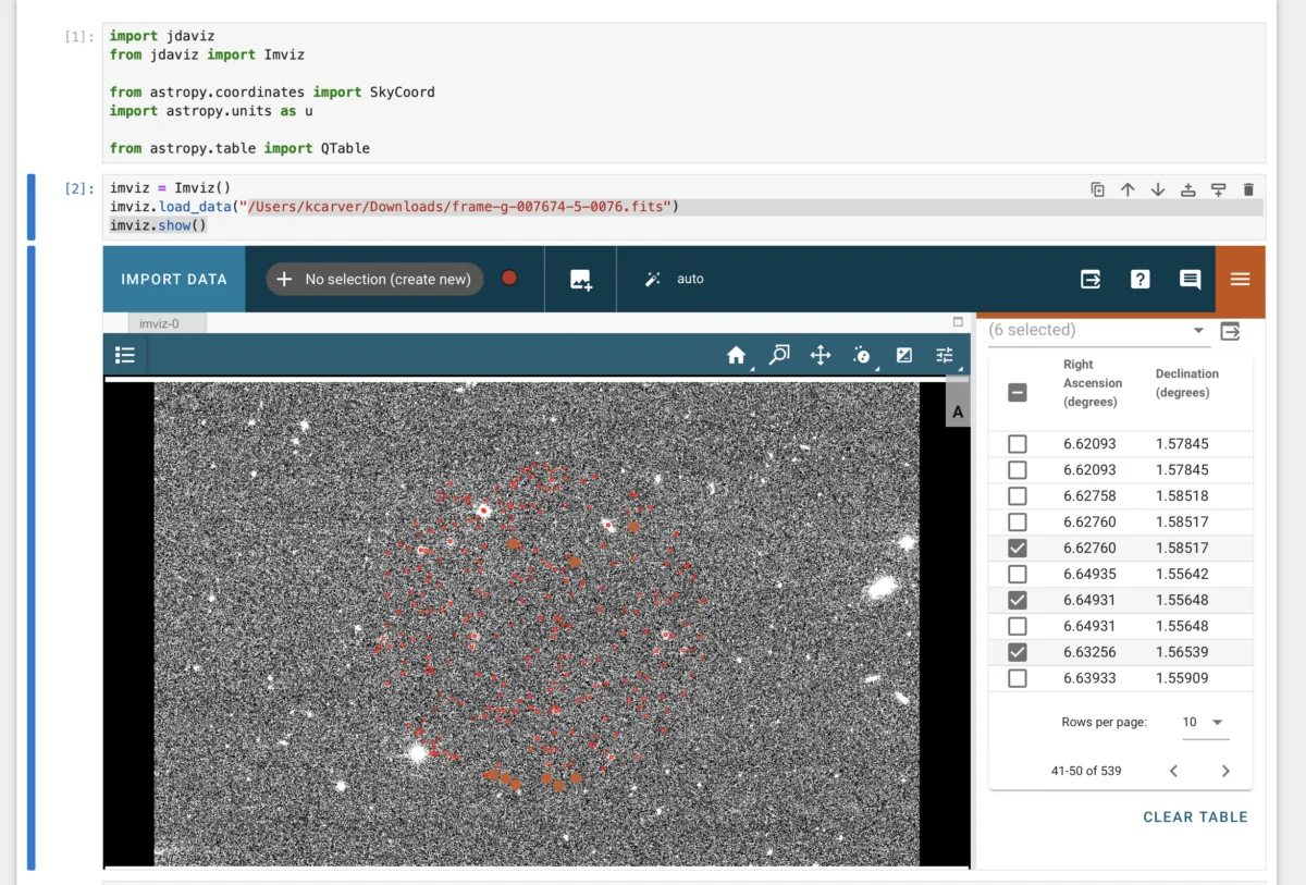 screenshot of what looks like a large rectangle of black and white static, punctuated by red and orange dots. Some computer code is seen above the rectangle, and a table identifying each dot is on the right.