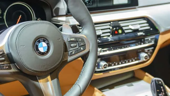 A photo of a steering wheel with a voice command button. 