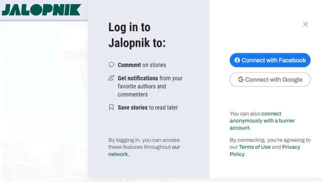 A screenshot showing the Jalopnik sign up page. 