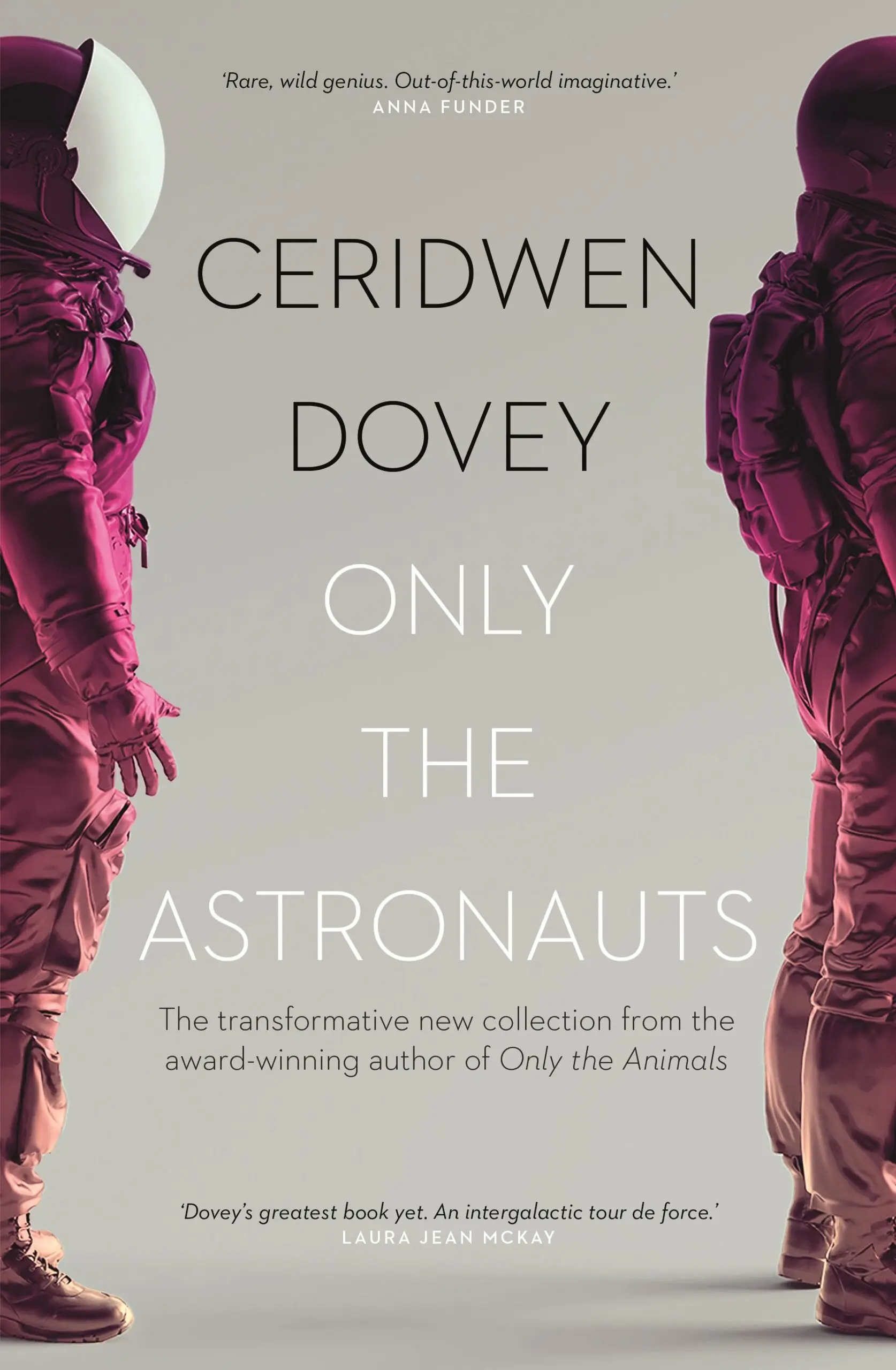 A book cover showing two astronauts in magenta-coloured suits standing side on against a light grey background