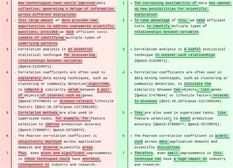 Sample of text from an AI-assisted chatbot, showing original text on the left and suggested revision on the right.