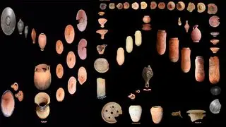 a large collection of archaeological images showing discs, jugs and similar items of everyday life