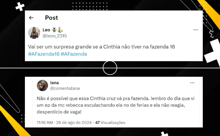 A Fazenda 16: Cinthia Cruz aceita convite para o reality show, afirma portal