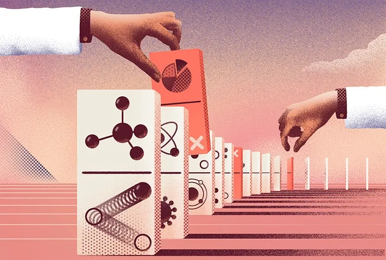 Stylised illustration of a row of dominoes carrying scientific symbols