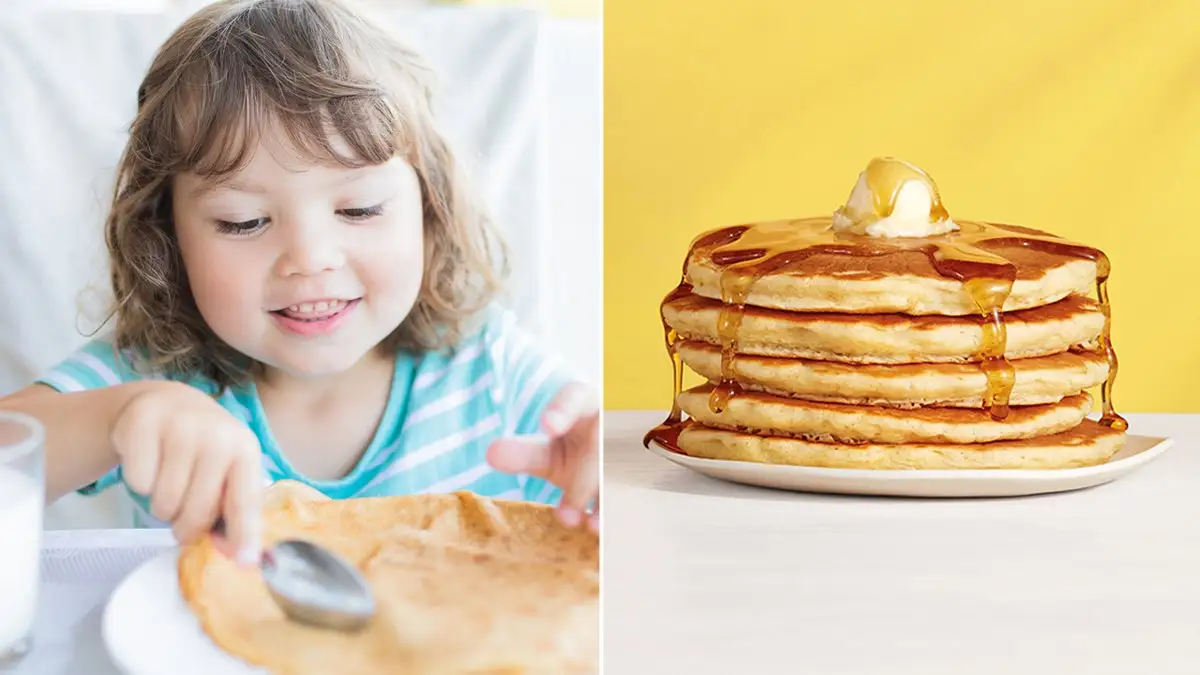 Split image with little girl with brown hair eating a pancake and other side of the image is a stack of five fluffy pancakes.