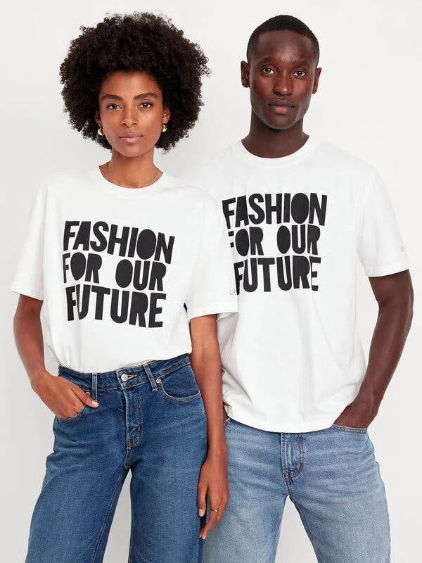 Two young people pose in bluejeans and white T-shirts that read FASHION FOR OUR FUTURE 