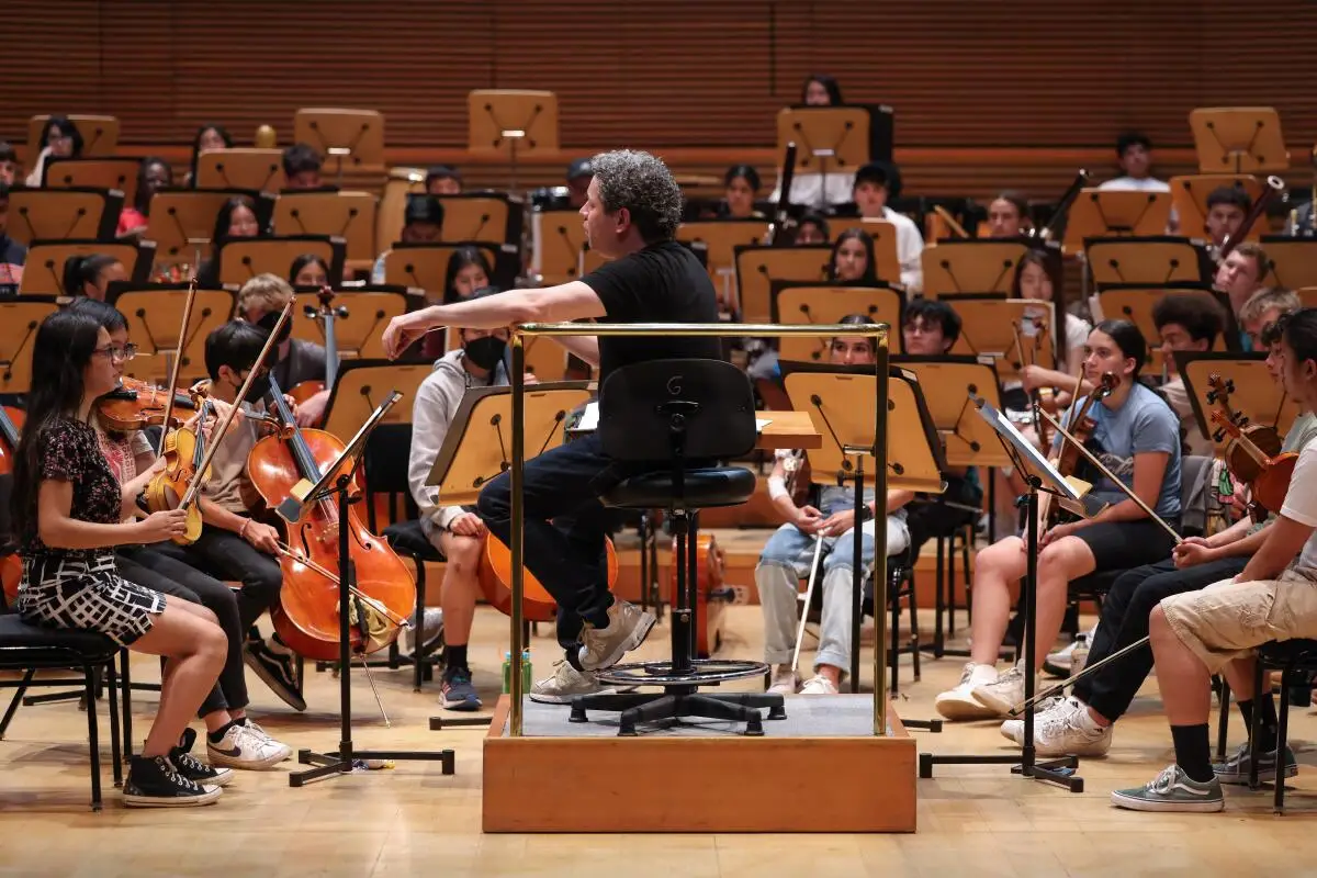 Conductor Gustavo Dudamel rehearses with young musicians participating in the L.A. Phil's annual YOLA National Program.