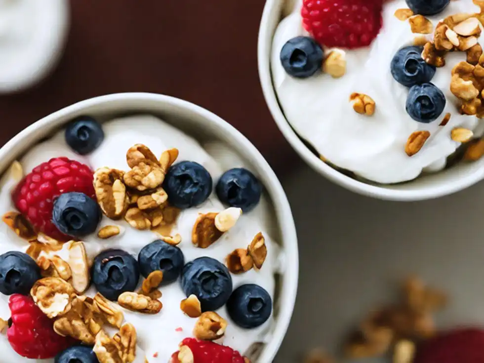 high angle view of berries and nuts yogurt meal