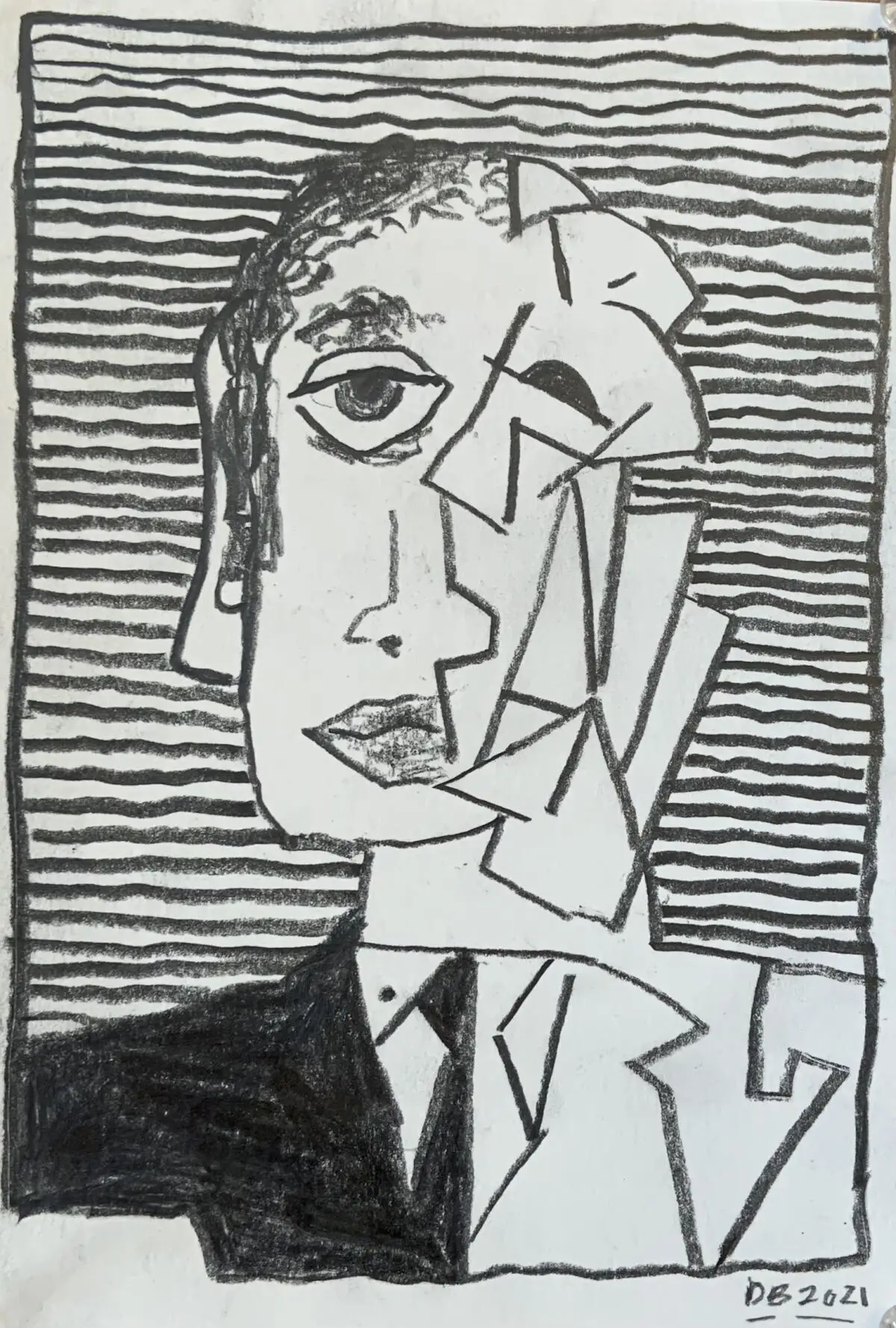 A Cubist style black-and-white drawing of a person's head