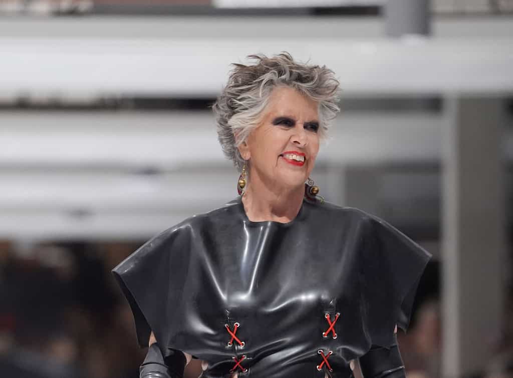 Dame Prue Leith stuns in skintight black latex on London Fashion Week catwalk