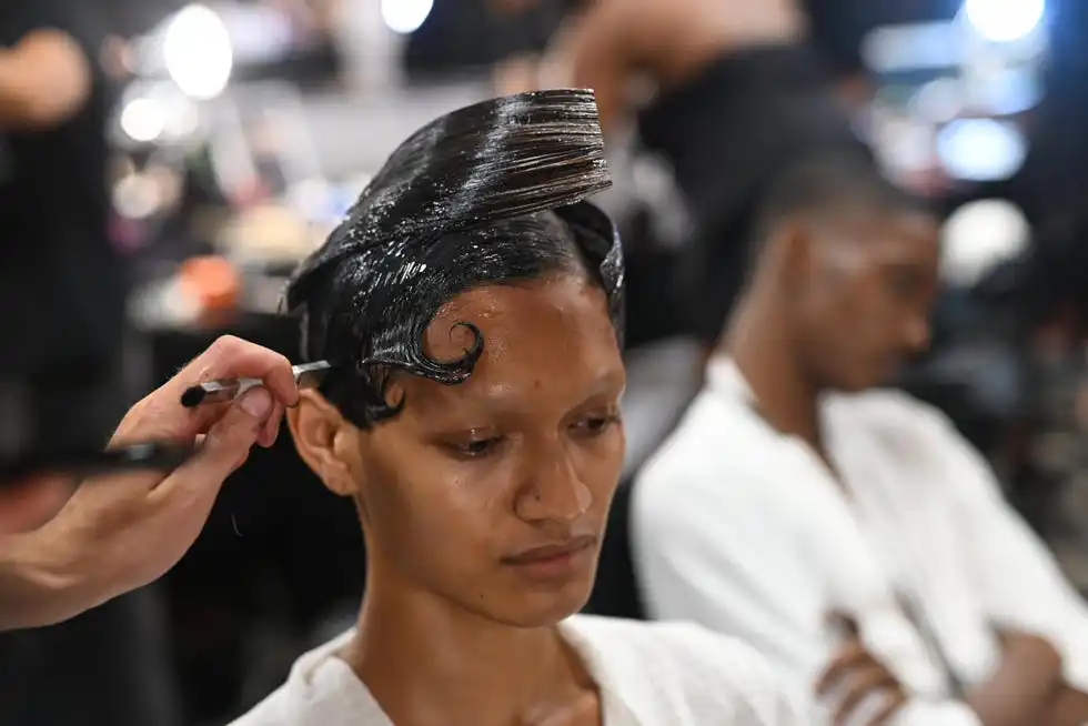 new york, new york september 10 a model prepares backstage for tresemme x luar on september 10, 2024 in new york city photo by dave kotinskygetty images for tresemme