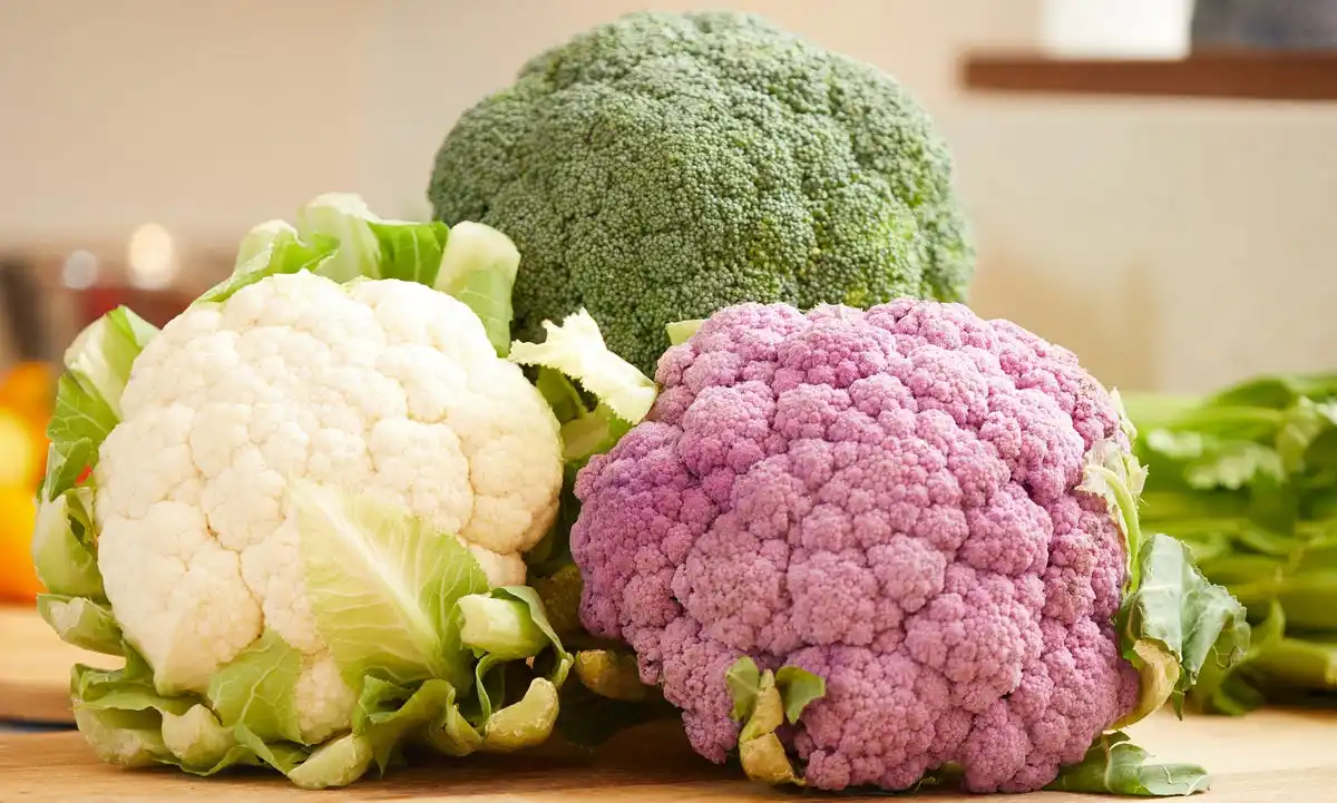 Green, white and purple cauliflowers on cutting board