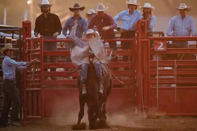 A cowboy participates in bare back riding at the Tuscarawas County Fair.