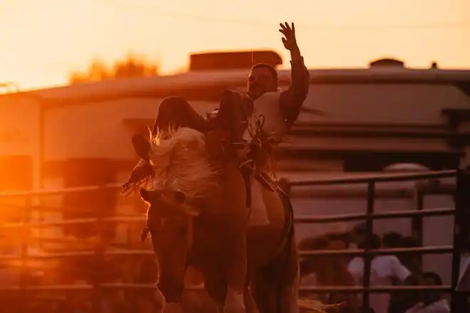 A cowboy participates in bare back riding at the Tuscarawas County Fair.