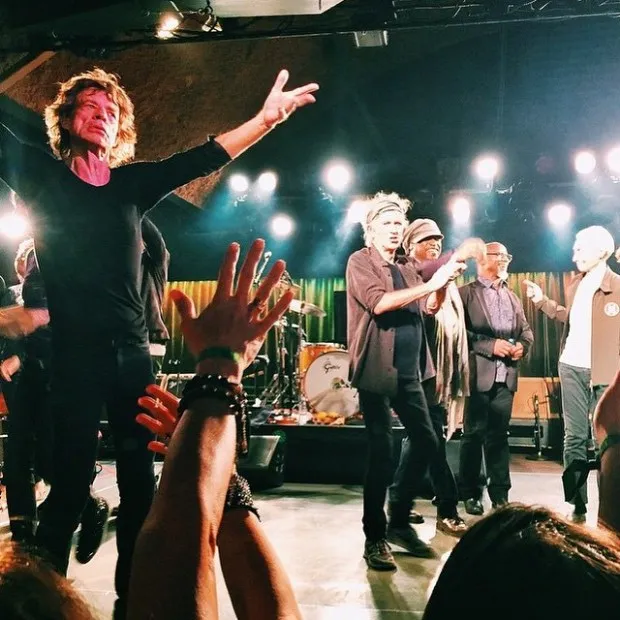 The Rolling Stones are take a bow after the legendary band's Belly Up show in 2015.. The group's touring saxophonist, Karl Denson (second from right), hails the intimate venue as his favorite place to perform in the nation.