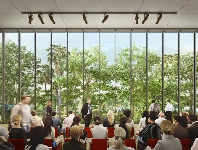 A rendering of the multi-purpose room with views of The Bay Park. The conceptual design for the new performing arts center, presented by the Renzo Piano Building Workshop, includes separate buildings for the lobby, large, medium and small theaters, rather than one large structure. The Sarasota Performing Arts Foundation held a town hall meeting Wednesday, Sept. 18, 2024, to present design concepts of the new performing arts center.