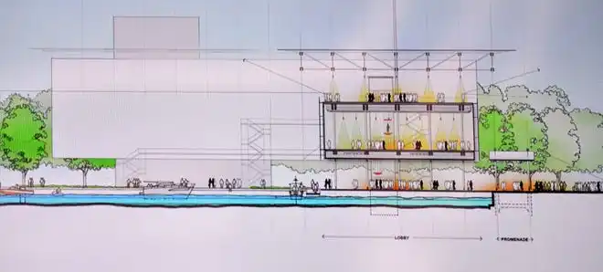 A cross-section of the proposed lobby. The conceptual design for the new performing arts center, presented by the Renzo Piano Building Workshop, includes separate buildings for the lobby, large, medium and small theaters, rather than one large structure. The Sarasota Performing Arts Foundation held a town hall meeting Wednesday, Sept. 18, 2024, to present design concepts of the new performing arts center.