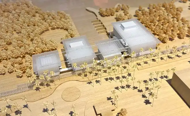 A scale-model of the conceptual design presented by the Renzo Piano Building Workshop includes separate buildings for the lobby, large, medium and small theaters, rather than one large structure. The Sarasota Performing Arts Foundation held a town hall meeting Wednesday, Sept. 18, 2024, to present design concepts of the new performing arts center.