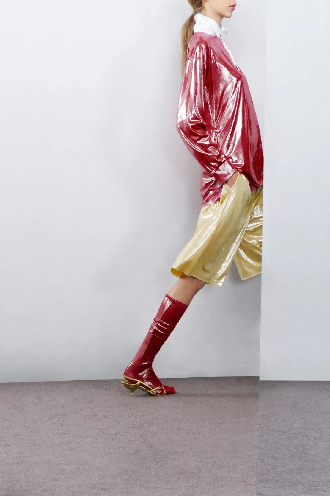 Talia Byre reimagined the British rugby kit in high-shine shimmery shades of raspberry and champagne.