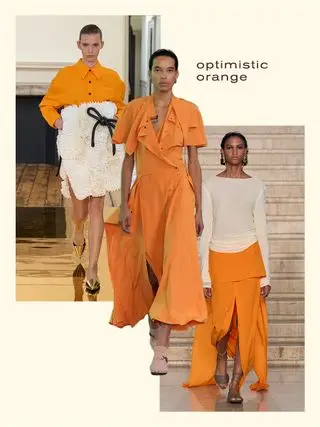 Toga, Tove, and Burberry looks from spring 2025 wearing an orange dress, orange skirt, and orange button-down