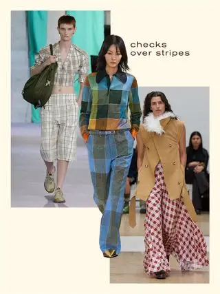 Toga SS 25 checkered top, and blue check print pants; S.S. Daley with a fur-lined camel coat and red check print skirt; Burberry with a matching cropped check-print top and bermuda shorts with an army green shoulder bag.