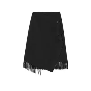 Fringed Wool Midi Wrap Skirt