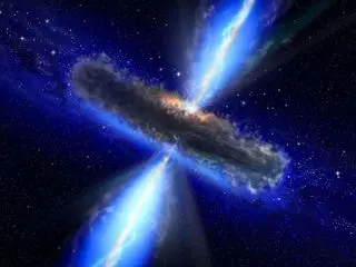 Artist concept illustrates a quasar, or feeding black hole.