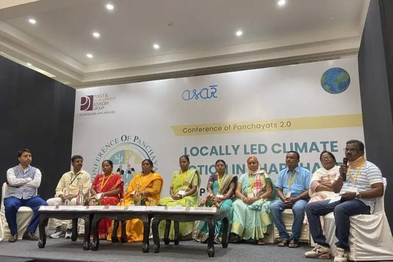 At the state convening of the Conference of Panchayats (CoP) on August 6, 2024, when leaders from over 250 gram panchayats gathered to discuss impacts of climate change in their region and possible measures to mitigate its impacts. Image by Aishwarya Mohanty.