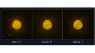 three side-by-side images showing a fuzzy yellow star with bubbles of activity visible on its surface