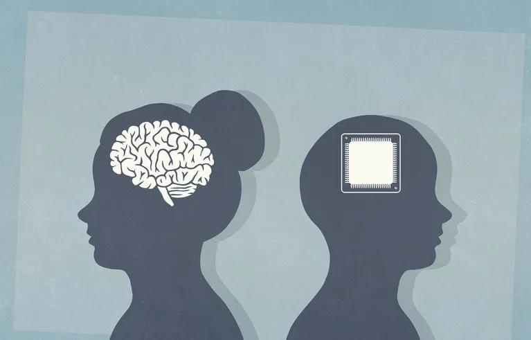 An illustration of a brain and a computer chip overlaid on two silhouetted heads.