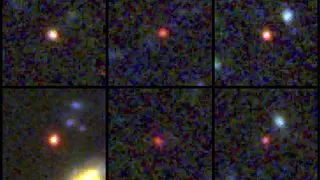 A collection of six images showing hazy reddish dots of varying brightness, and some other blue-white dots surrounding them.