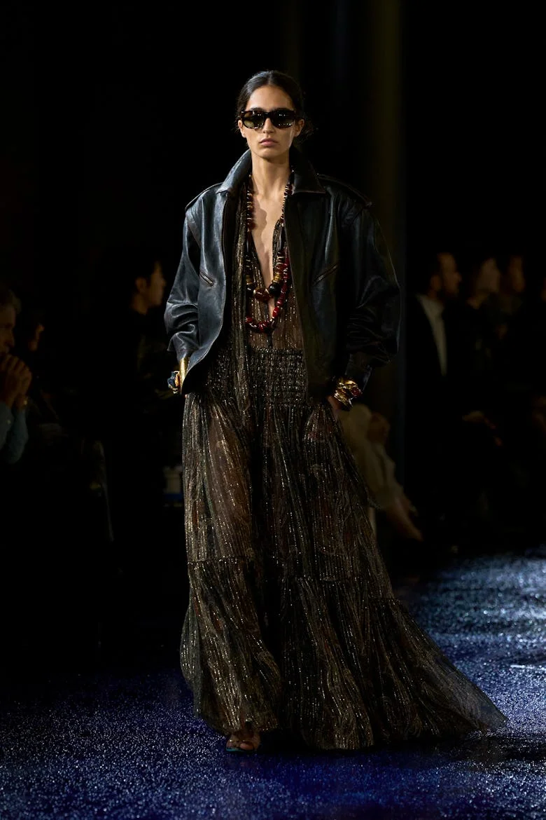 a look from saint laurent spring 2025 collection shown at paris fashion week runway show