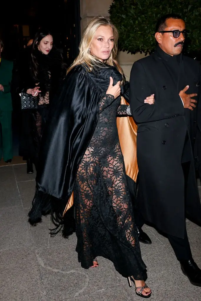 PARIS, FRANCE - JANUARY 16: Kate Moss and Haider Ackermann are  seen leaving the Ritz Hotel to celebrate her 50th birthday on January 16, 2024 in Paris, France. (Photo by Pierre Suu/GC Images)