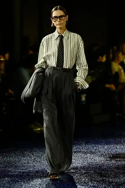 A model walks the runway in Saint Laurent for the brand's spring-summer 2025 show during PFW on Sept. 24, 2024.