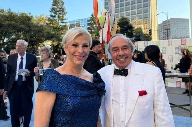 Glenda Dorchak and Mike Nevens pose in the Circle of Palms at the San Jose Museum of Art Gala and Auction on Saturday, Sept. 21, 2024. (Sal Pizarro/Bay Area News Group)