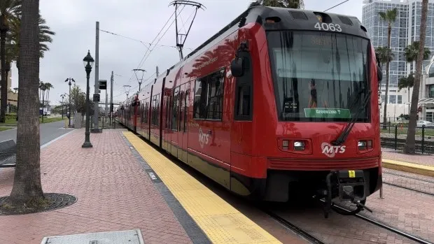 The Green Line trolley at the Gaslamp Quarter stop. (Carlos Rico / The San Diego Union-Tribune)