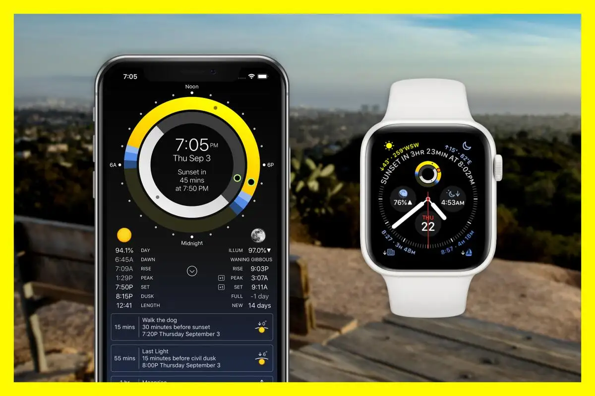 Two screenshots of the Sundial app; one on iPhone, the other on Apple Watch