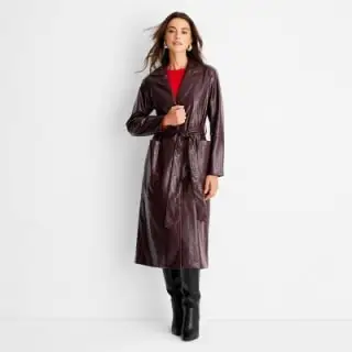 Burgundy Faux Croc Trench Coat