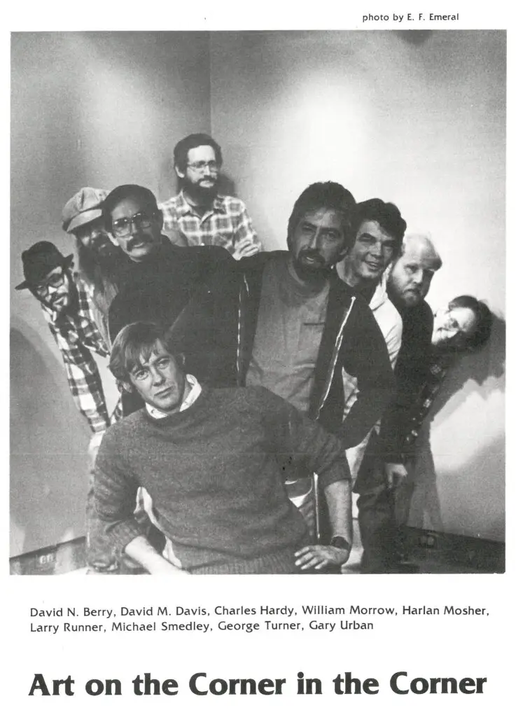 Archive photo of Dave Barry and George Turner with their fellow artists and co-founders of Art on the Corner