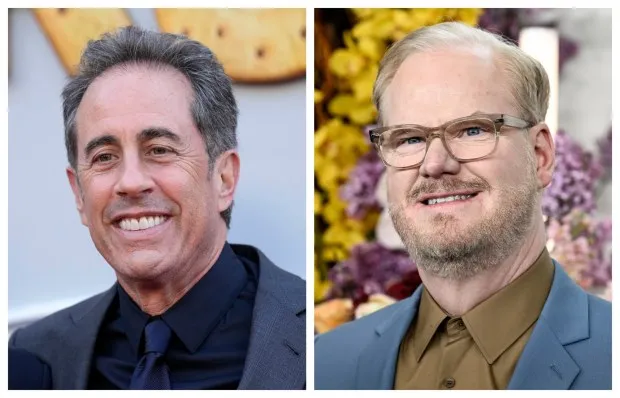 Jerry Seinfeld, left, and Jim Gaffigan will embark on a joint 2025 tour. It will that stop in March at Pechanga Arena San Diego, .(AP Photo/Chris Pizzello, Evan Agostini/Invision/AP)