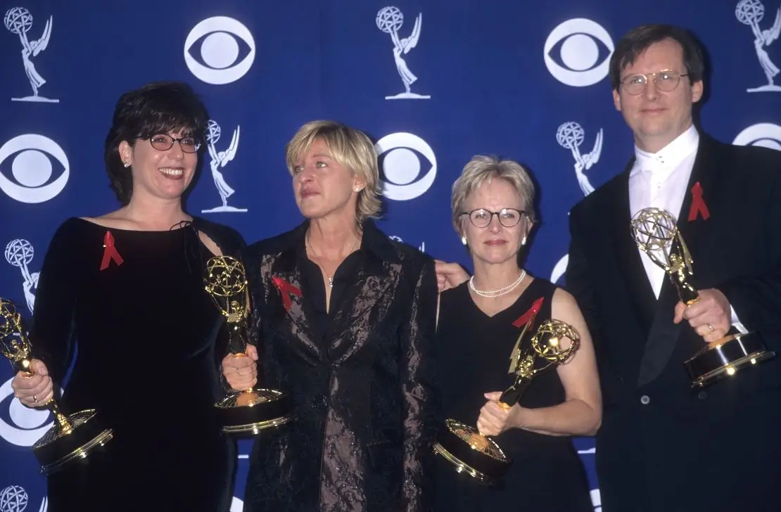 PASADENA, CA - SEPTEMBER 14: Writer Dava Savel, comedienne Ellen DeGeneres, writer Tracy Newman and writer Jonathan Stark attend the 49th Annual Primetime Emmy Awards on September 14, 1997 at the Pasadena Civic Auditorium in Pasadena, California. (Photo by Ron Galella, Ltd./Ron Galella Collection via Getty Images)