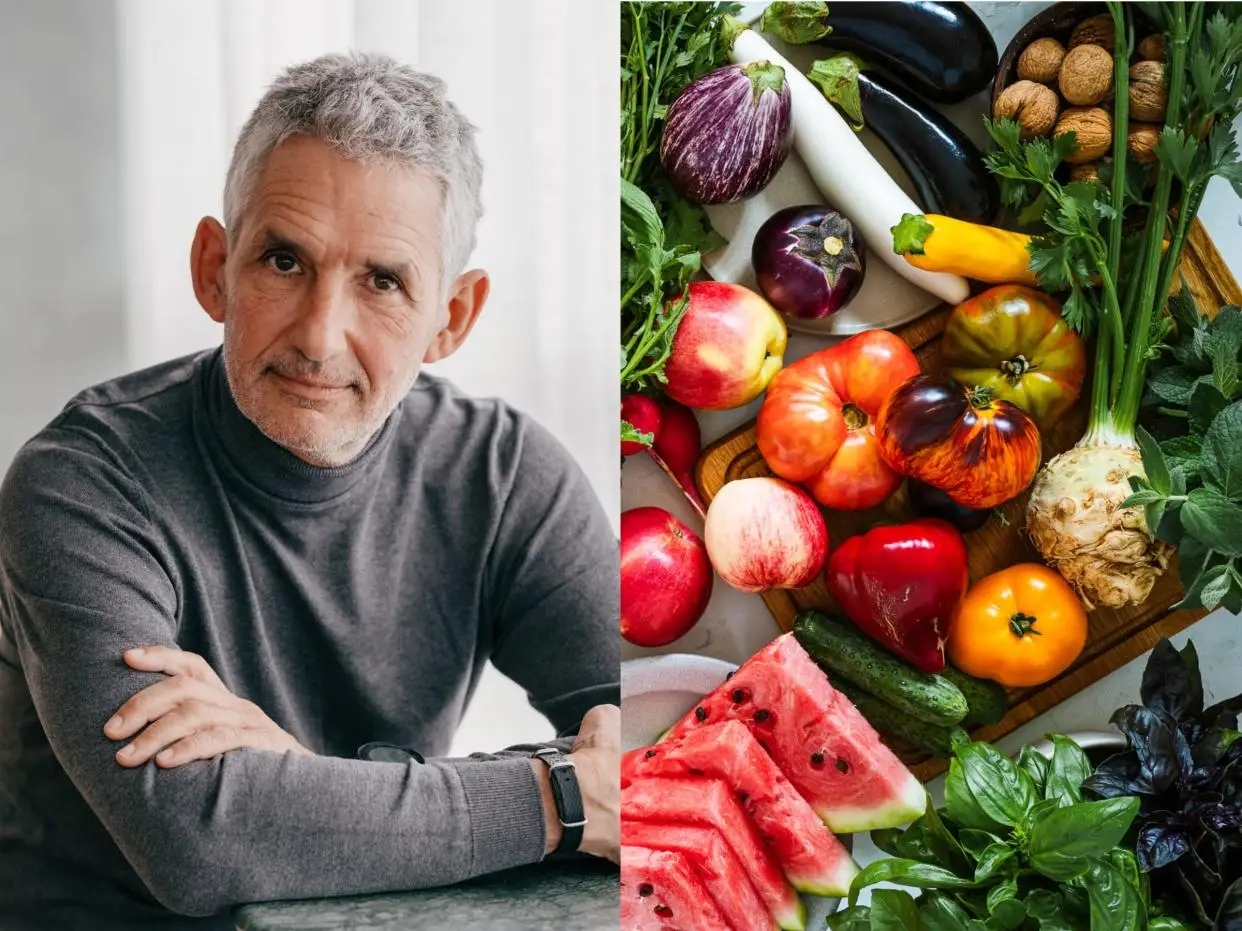 Composite image of a headshot of Tim Spector and some colorful fruit and vegetables.